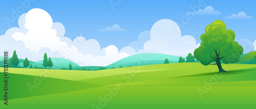 A panoramic landscape featuring a green valley with trees  meadows  and hills under a blue sky. Ideal for illustrating the beauty of nature in summer. Copy space for various projects. Not AI.
