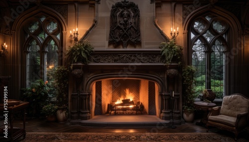 A grand stone fireplace stands majestically in the living room of a historic mansion. The room is elegantly furnished with plush sofas, antique chairs, and a decorative rug