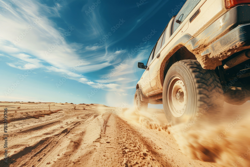 Close-up view of SUV wheel in desert sand with motion blur effect. Vehicle driving across the desert, kicking up a trail of sand under a bright blue sky. Off-road safari adventure Close-up view of SUV wheel in desert sand with motion blur effect. Vehicle driving across the desert, kicking up a trail of sand under a bright blue sky. Off-road safari adventure