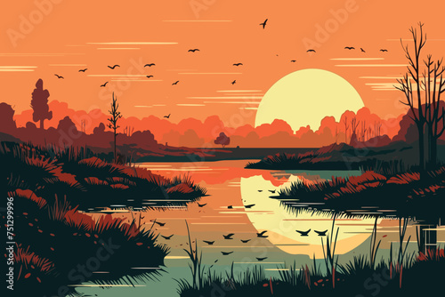 Marshland Minimalistic flat design landscape illustrative. Generative AI