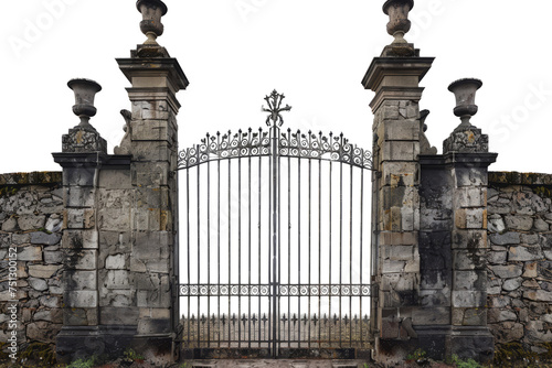Medieval-style stone gate with robust iron reinforcements on doors with intricate stonework isolated on white background