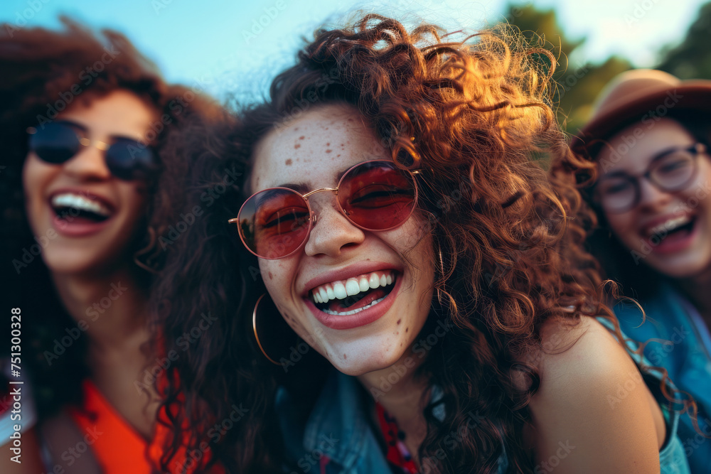 A group of women standing together, all wearing sunglasses and smiling happily at the camera A group of women standing together, all wearing sunglasses and smiling happily at the camera