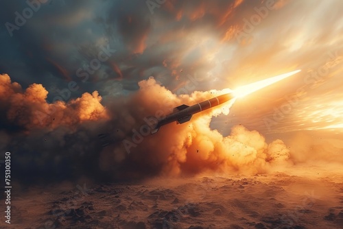 Flying rocket in the sky, military action