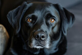 A close-up shot of a black dog staring directly at the camera with intense eyes