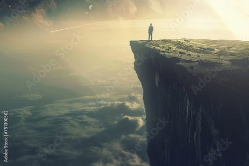 Man observes dawn of creation as he stands solitary on the brink of a massive cliff above swirling clouds and celestial phenomena