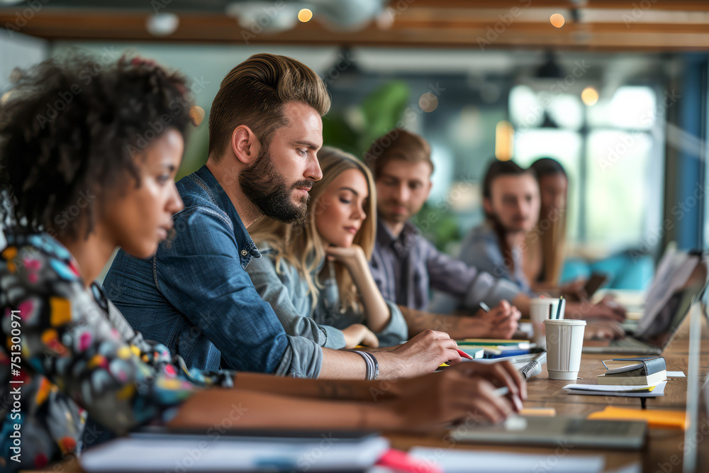 A diverse group of individuals working individually on laptops while seated around a table in a modern office setting A diverse group of individuals working individually on laptops while seated around a table in a modern office setting