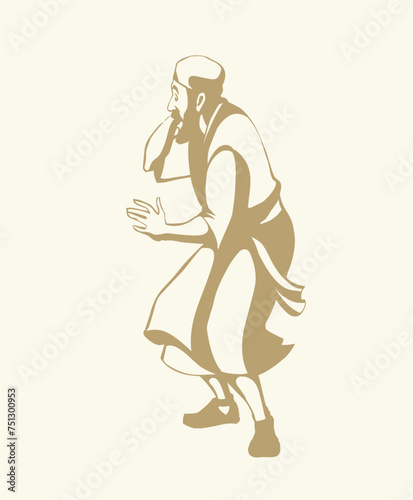 Vector drawing. Afraid man in eastern clothes