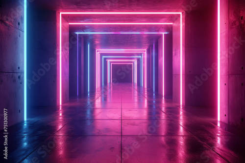 A long hallway illuminated by neon lights, casting a vibrant glow on the walls and floor