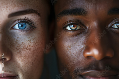 A close-up view of two individuals with striking blue eyes photo