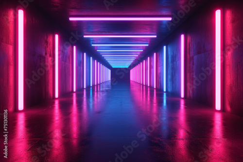 A long hallway glowing with neon lights stretching into the distance