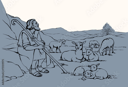 Vector drawing. Shepherd with sheep. Moses look at flaming bush