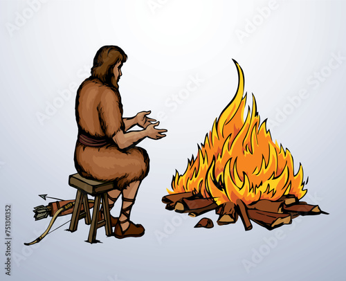 Vector drawing. Ancient man warming himself by the fire