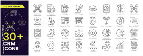 Customer relationship management CRM Editable Stroke icon set. Containing marketing, data, report, strategy, manager, audience and more. Editable Outline, line icons collection.
