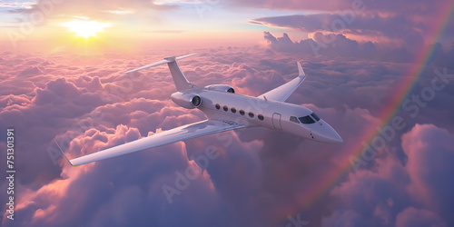 Luxury white Private Jet Flying in the sky above sea of clouds at sunset