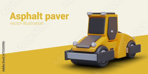 Realistic road roller, asphalt paver closeup. Vector banner on colored background