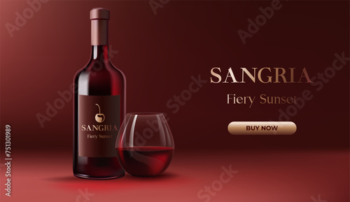 A realistic 3D bottle of red wine sangria, transparent glass of wine marsala background banner with gold elements. Perfect for banners, posters, or advertising materials. Not AI.