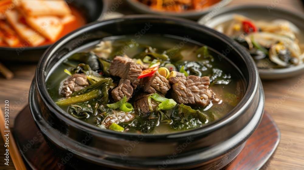 Korean food. Seaweed soup with meat in a black bowl. Korean food. Seaweed soup with meat in a black bowl.