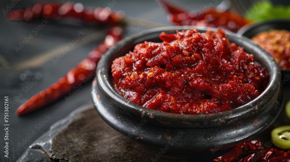 Korean gochujang (red chili paste), a spicy and sweet condiment in Korean cuisine. - obrazy, fototapety, plakaty 