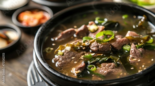 Korean food. Seaweed soup with meat in a black bowl.