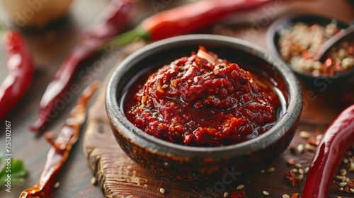 Korean gochujang (red chili paste), a spicy and sweet condiment in Korean cuisine. photo