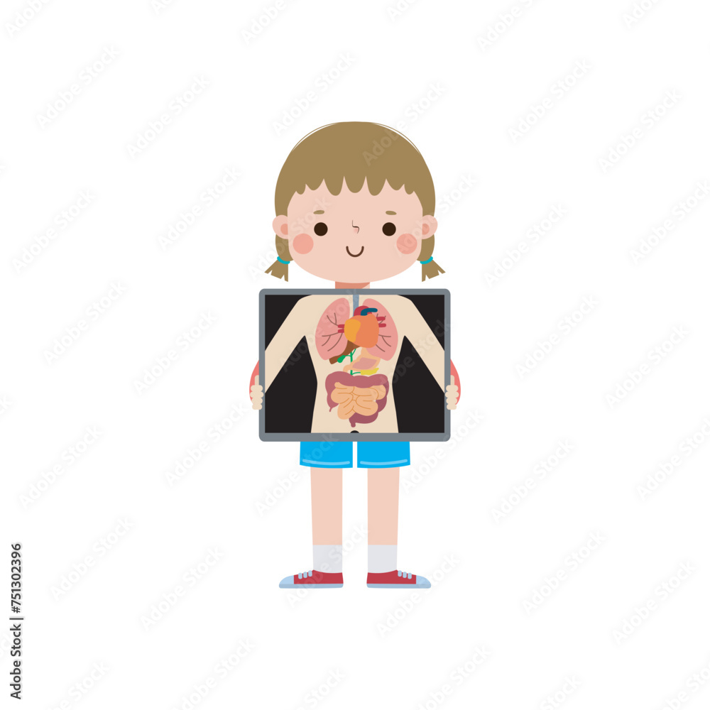 cute cartoon european kid with x-ray screen showing internal organs and skeleton. x ray check bones child, Element of infographics for kid Vector illustration isolated on white background cute cartoon european kid with x-ray screen showing internal organs and skeleton. x ray check bones child, Element of infographics for kid Vector illustration isolated on white background