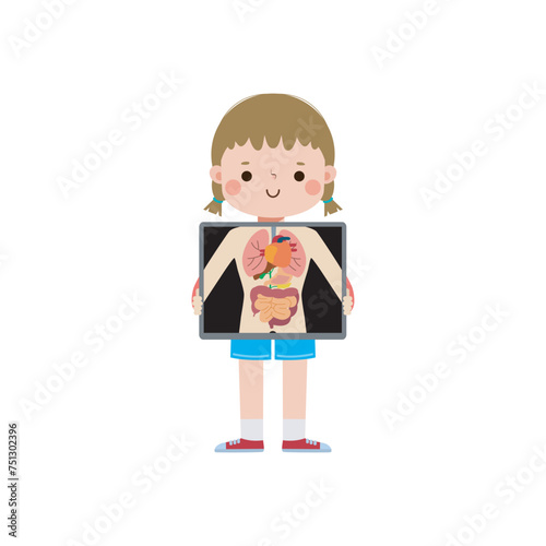 cute cartoon european kid with x-ray screen showing internal organs and skeleton. x ray check bones child, Element of infographics for kid Vector illustration isolated on white background
