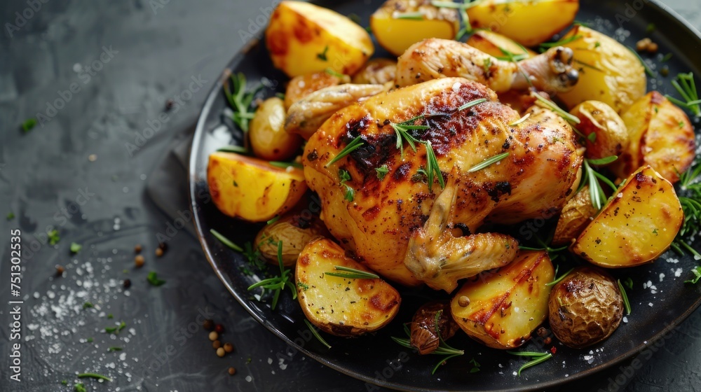 Grilled chicken with potatoes on a black plate gray background Grilled chicken with potatoes on a black plate gray background