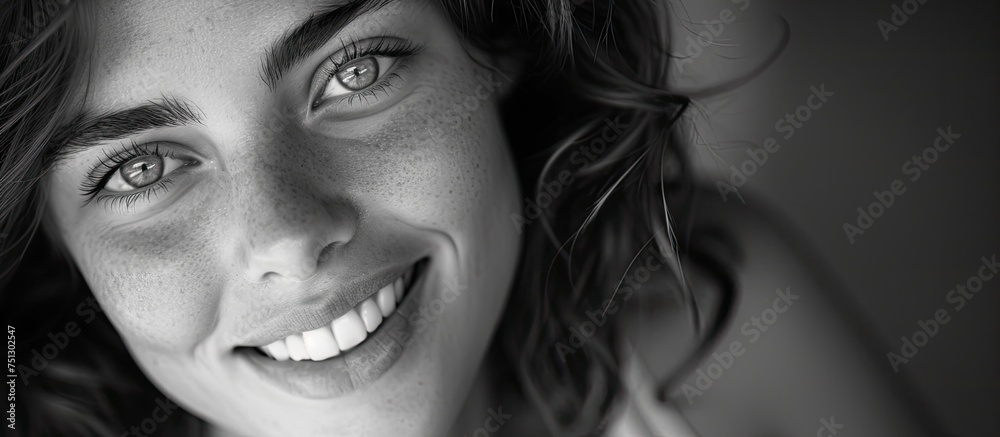 A woman with a joyful expression on her face, smiling and looking directly at the camera in a black and white photo. A woman with a joyful expression on her face, smiling and looking directly at the camera in a black and white photo.