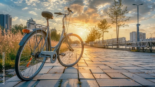 bicycle in modern cityscape background, healthy and environmentally friendly form of transport photo
