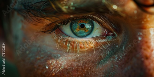 Close-up of a human eye, detailed texture, vibrant blue iris, visible blood vessels, frost-like patterns, clear eyelashes