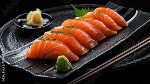 Sashimi, salmon, chopsticks, Japanese food and wasabi on the black table