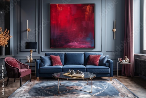 Elegant living room, deep blue sofa, large abstract red painting, gray walls, modern decor, plush chair, geometric rug photo