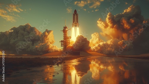 Dramatic space shuttle launch, billowing clouds, reflective water surface
