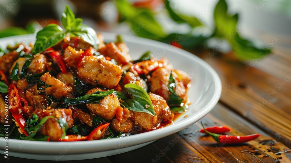 Spicy stir-fried basil or Phut Kra Pao is a street food of Thailand on a white plate on the table. - obrazy, fototapety, plakaty 