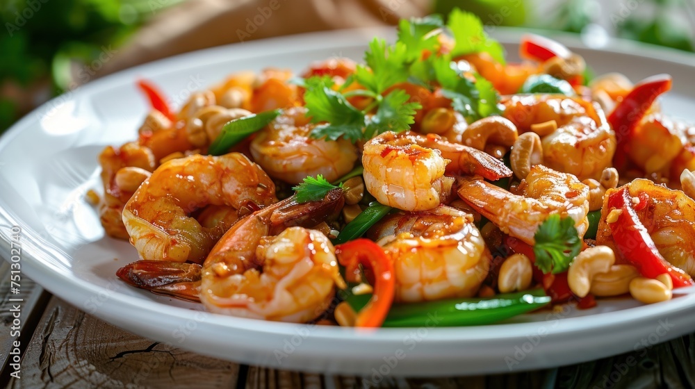 Crispy shrimp stir-fried with cashew nuts and bell peppers on a white plate Thai food is not spicy.
