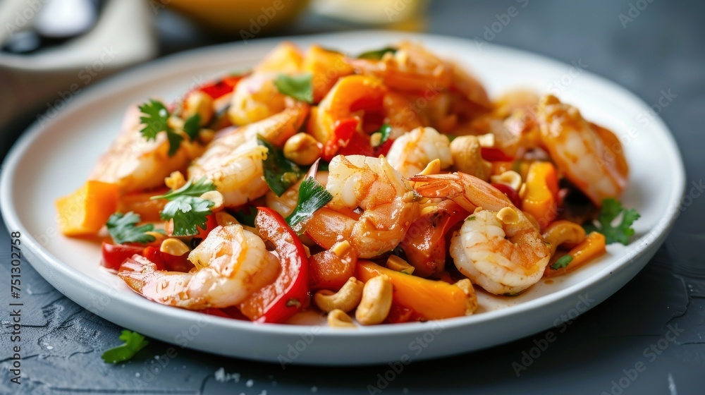 Crispy shrimp stir-fried with cashew nuts and bell peppers on a white plate Thai food is not spicy. Crispy shrimp stir-fried with cashew nuts and bell peppers on a white plate Thai food is not spicy.
