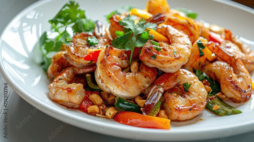 Crispy shrimp stir-fried with cashew nuts and bell peppers on a white plate Thai food is not spicy. Crispy shrimp stir-fried with cashew nuts and bell peppers on a white plate Thai food is not spicy.