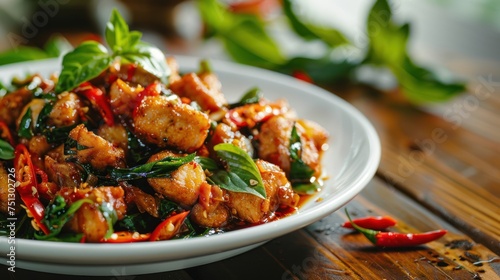 Spicy stir-fried basil or Phut Kra Pao is a street food of Thailand on a white plate on the table. photo