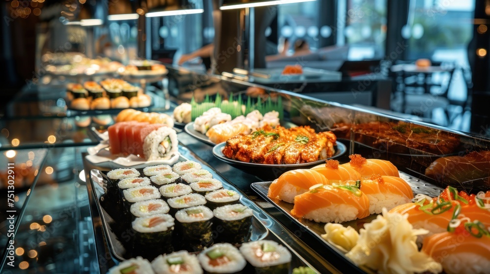 Sushi bar at the restaurant. Sushi buffet. Japanese food that is loved by many nationalities and is healthy.