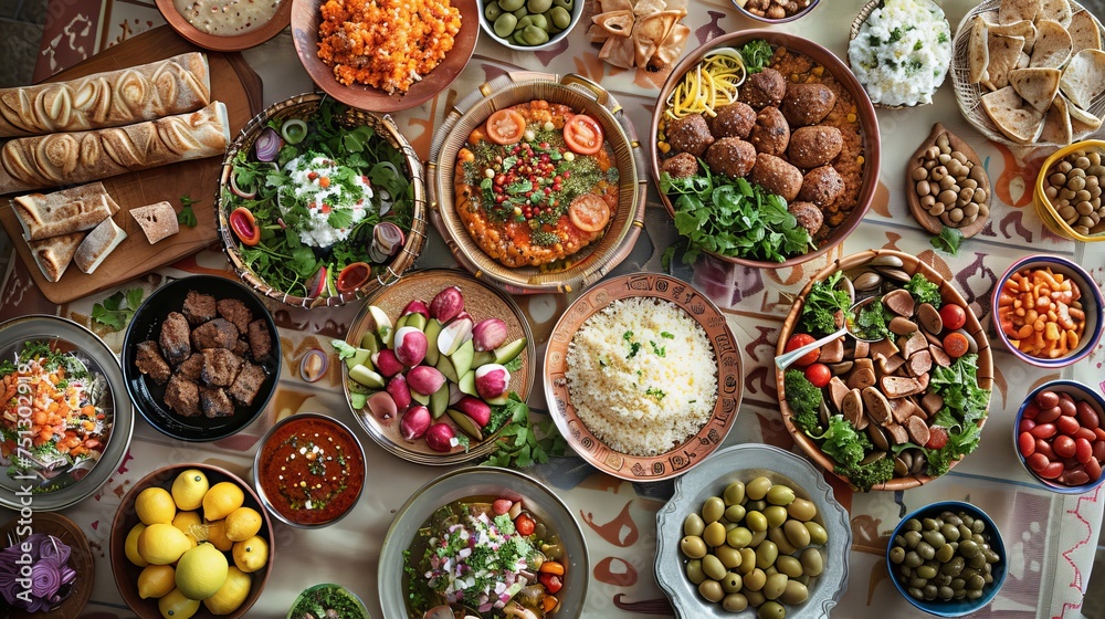 An Iftar celebration table during Ramadan featuring a variety of traditional Arab dishes. Top view