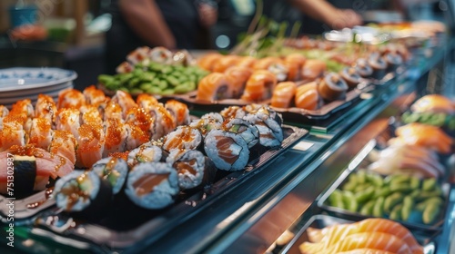 Sushi bar at the restaurant. Sushi buffet. Japanese food that is loved by many nationalities and is healthy.