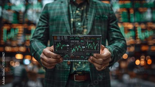 Finance professional, wearing green suit, delves into profit concept of cryptocurrency. Businessman and investment broker analyzing market trends for strategic trading success.