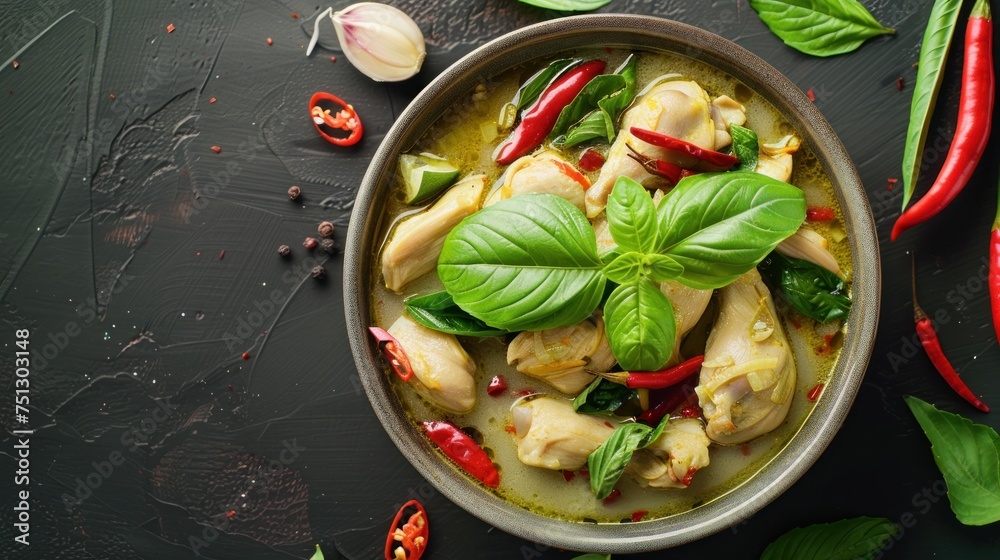 Top view of chicken green curry in bowl. Thai food Top view of chicken green curry in bowl. Thai food