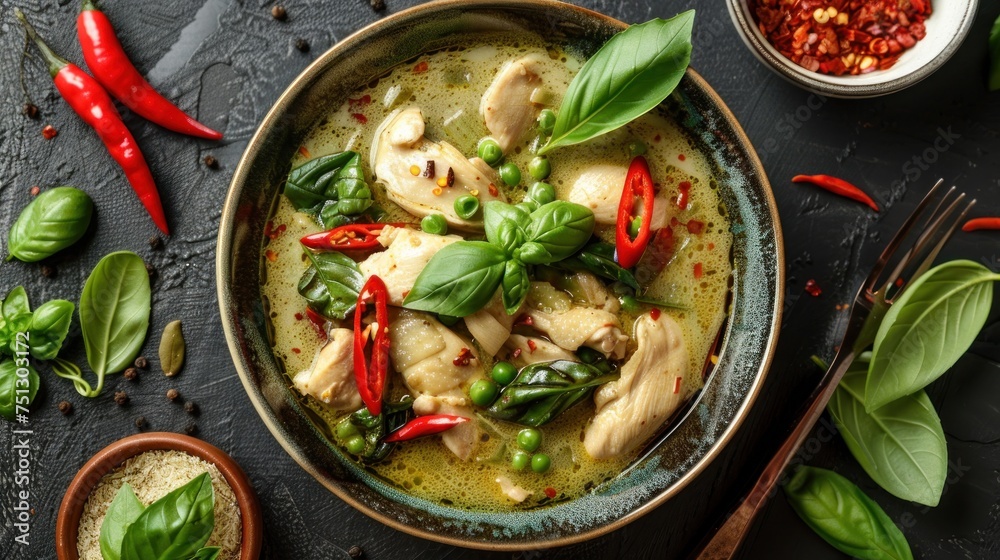 Top view of chicken green curry in bowl. Thai food Top view of chicken green curry in bowl. Thai food