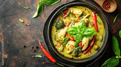 Top view of chicken green curry in bowl. Thai food