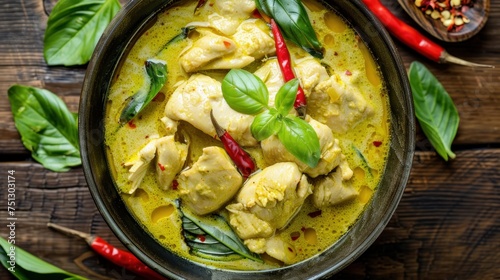 Top view of chicken green curry in bowl. Thai food photo