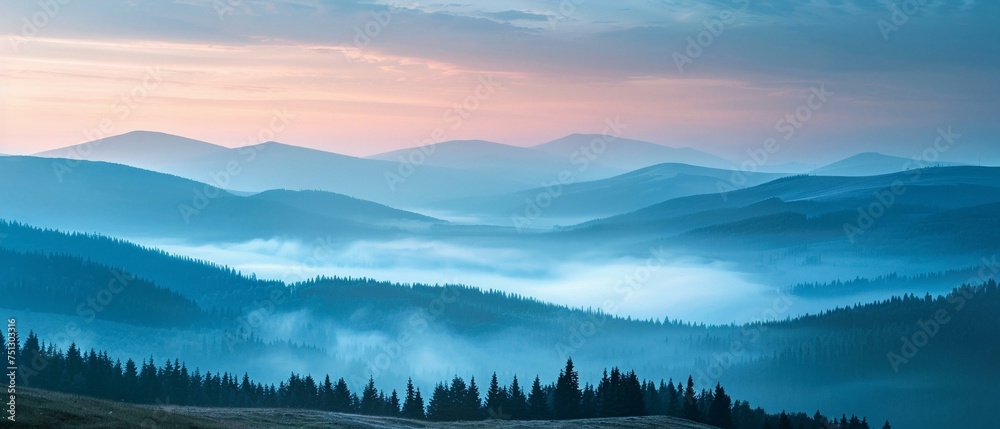 Fog rolling over hills at dawn, mysterious and serene landscape