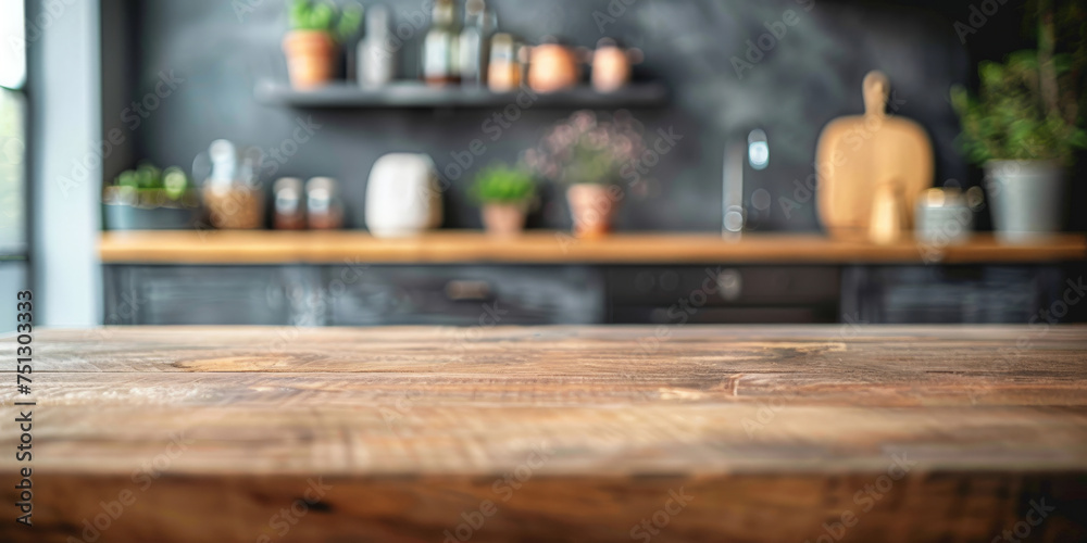 empty   natural  wooden table with a kitchen background, banner design