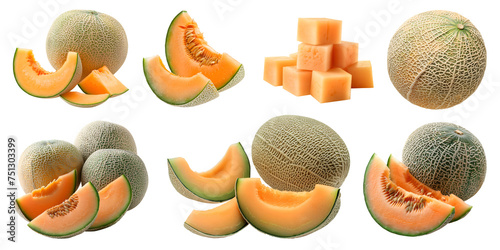 Cantaloupe cantaloupes melon fruit, many angles and view side top front sliced halved group cut isolated on transparent background cutout, PNG file. Mockup template for artwork graphic design