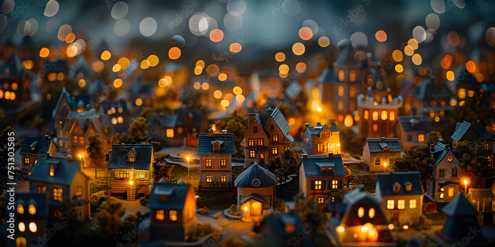village night landscape. Winter snowy cozy street with lights in houses. Winter holidays night time backdrop.  - obrazy, fototapety, plakaty 